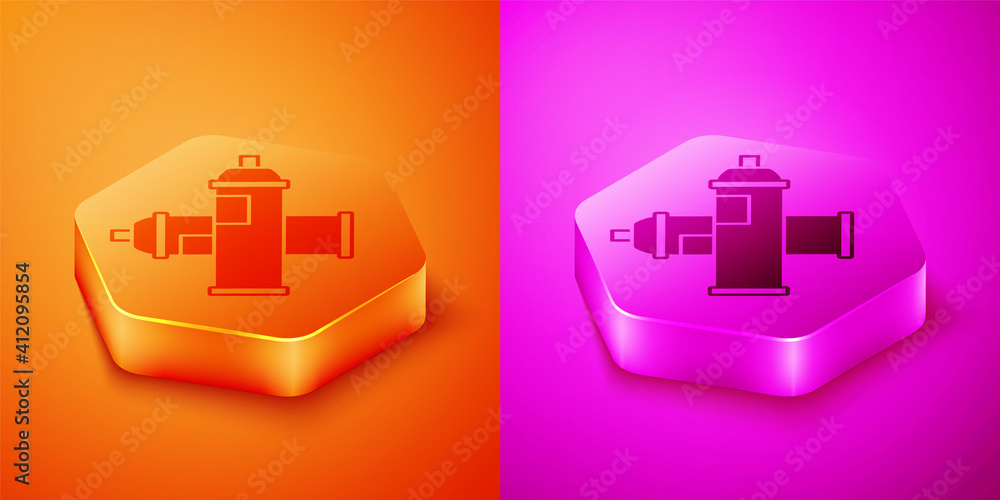等距喷漆可以在橙色和粉色背景上进行图标隔离。六边形按钮。矢量。