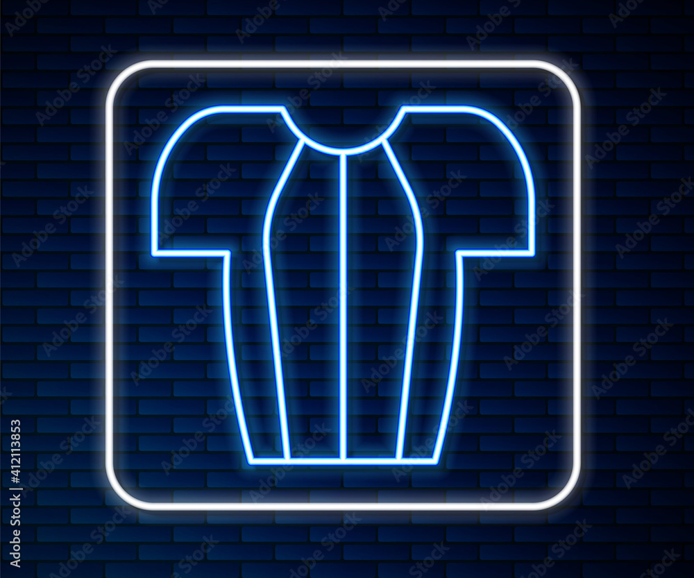 Glowing neon line Cycling t-shirt icon isolated on brick wall background. Cycling jersey. Bicycle ap