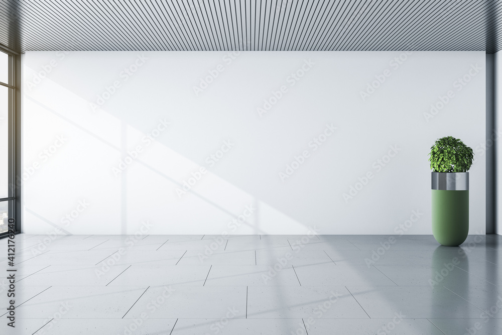 阳光明媚的现代空房间，白色浅色墙壁，灰色地板和绿色灌木花瓶。实体模型。3D效果图