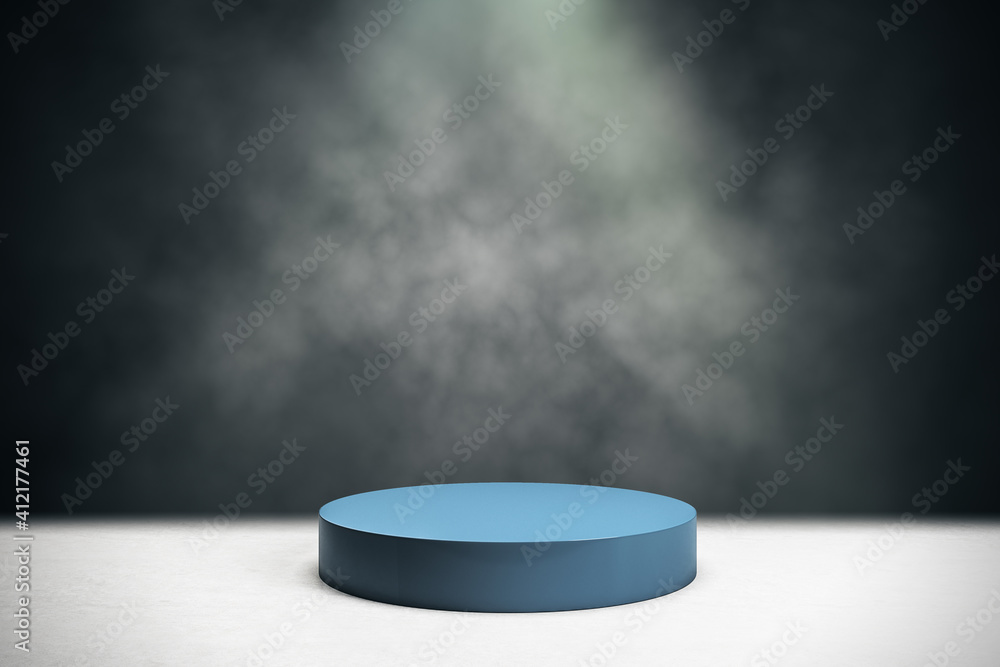 混凝土顶部和烟熏黑背景上的空白蓝色圆柱体。实体模型。3D渲染