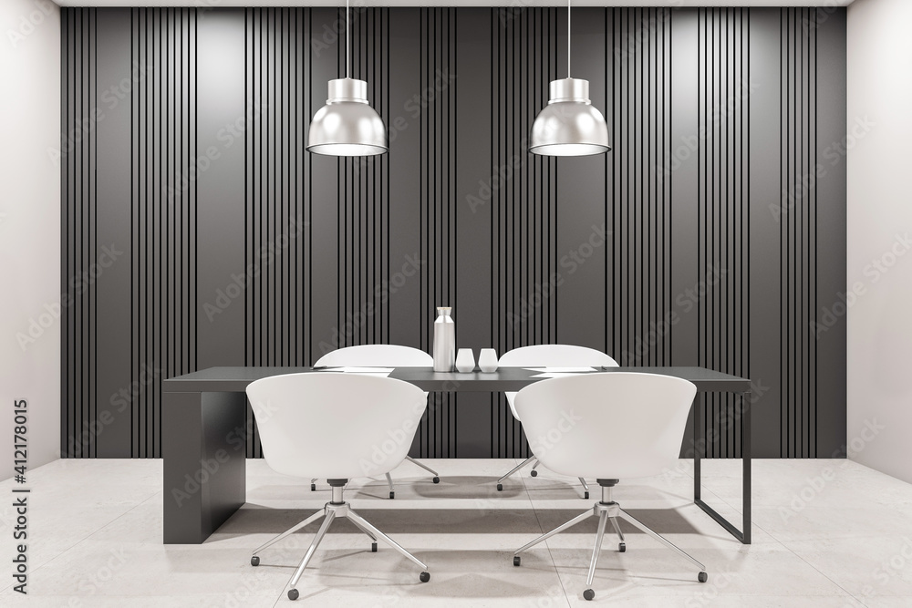 现代会议室黑色桌子和白色椅子的正视图，上面有钢灯，黑色