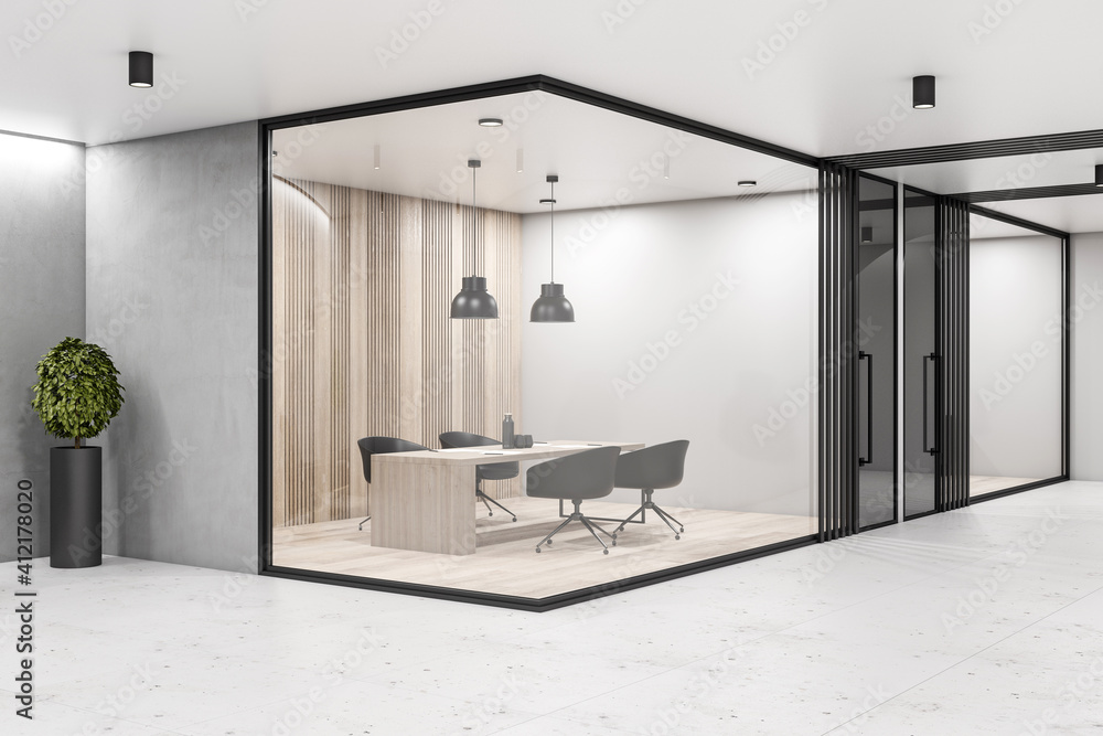现代生态风格的会议室，配有玻璃墙、木地板和墙壁以及时尚的家具