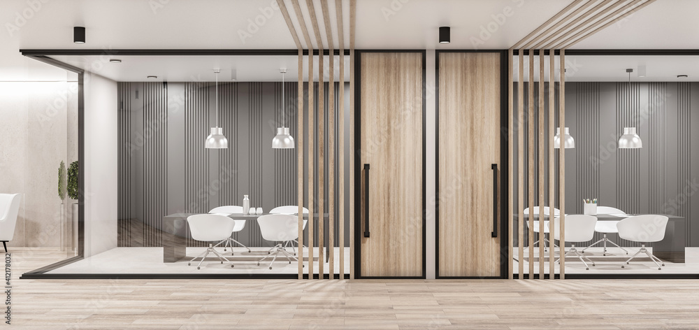 生态风格的商务会议室，玻璃墙，木质细节，现代白色家具和黑色