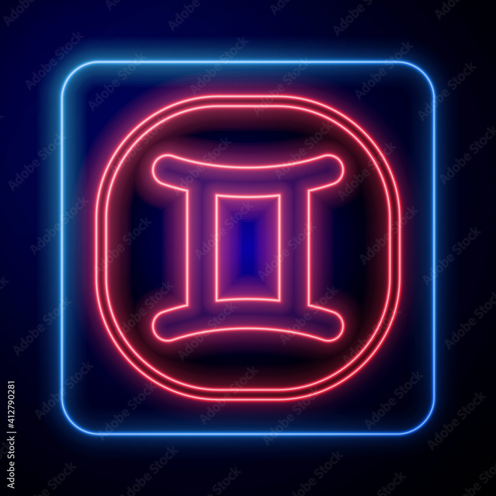 Glowing neon Gemini zodiac sign icon isolated on black background. Astrological horoscope collection