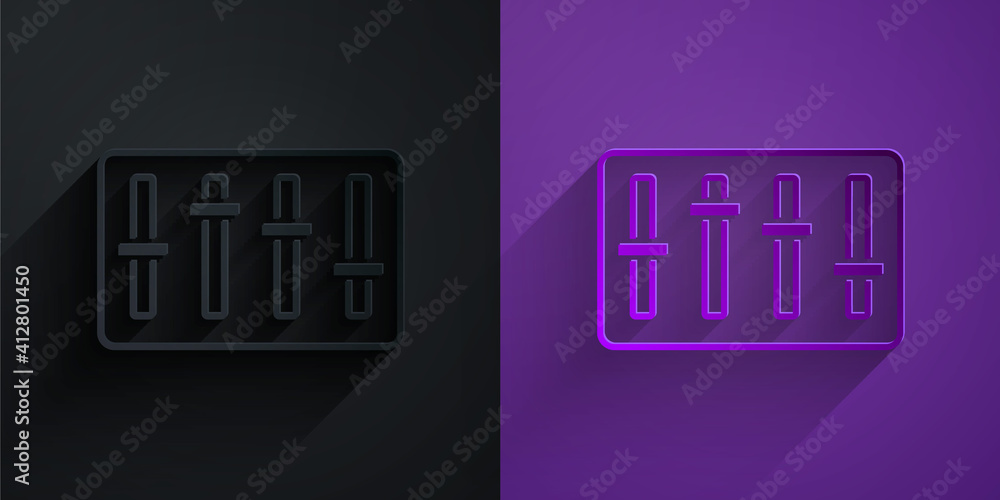 Paper cut Sound mixer controller icon isolated on black on purple background. Dj equipment slider bu