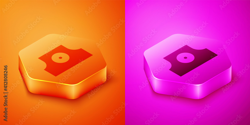 Isometric Spray can nozzle cap icon isolated on orange and pink background. Hexagon button. Vector.