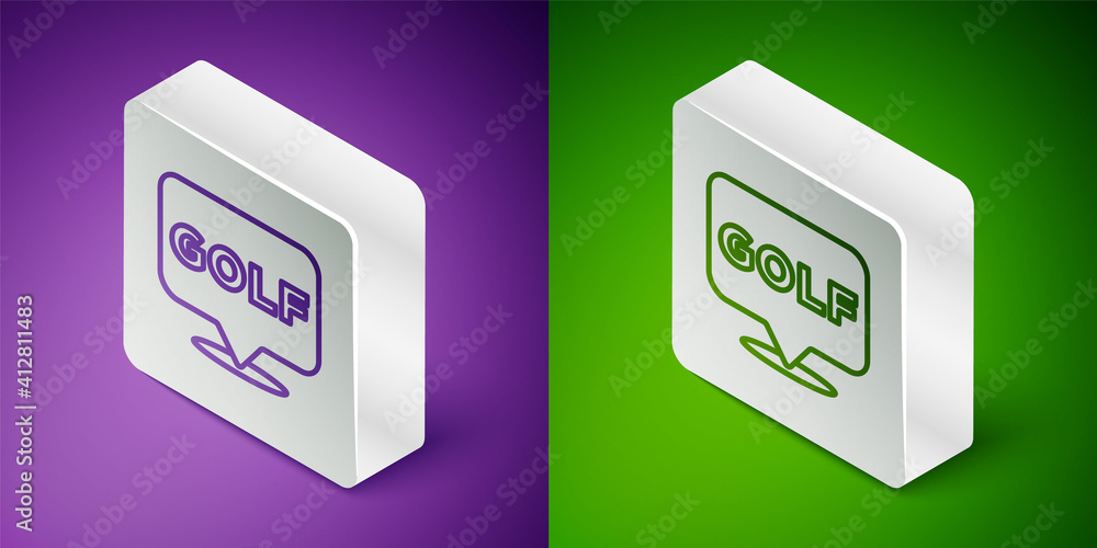 Isometric line Golf label icon isolated on purple and green background. Silver square button. Vector