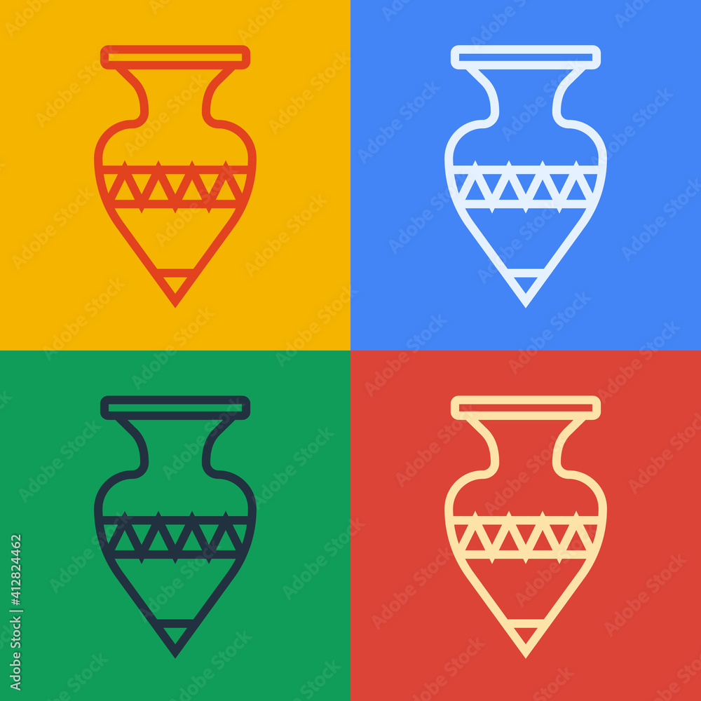 流行艺术线在彩色背景上隔离的古代双耳瓶图标。矢量。