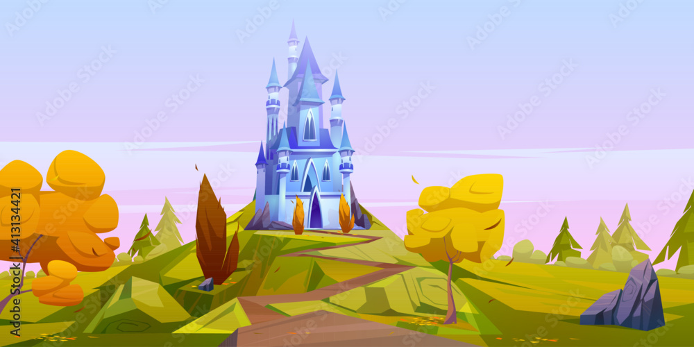 绿色山丘上有黄色树木的神奇蓝色城堡。矢量卡通秋季景观，道路引导
