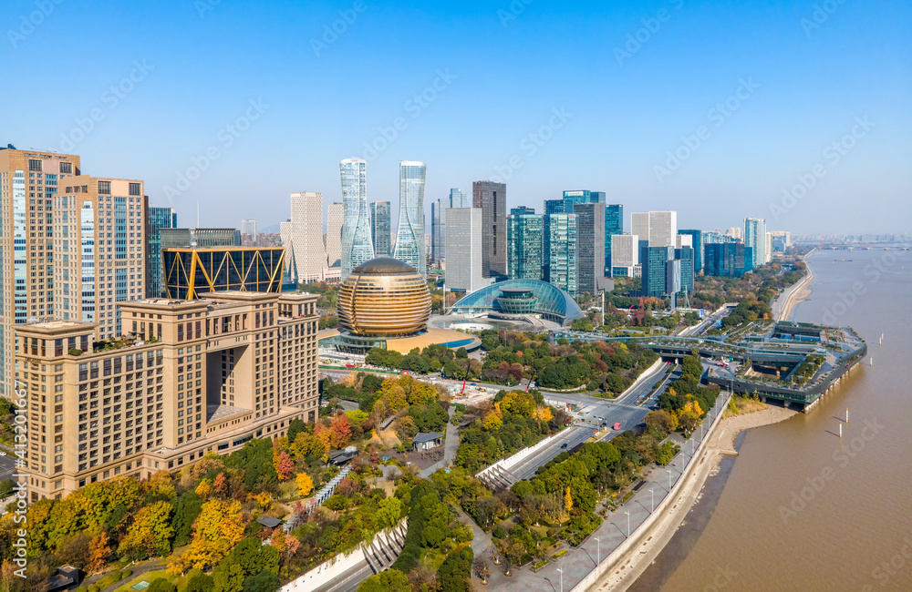 金融区杭州城市风光和现代建筑景观航拍