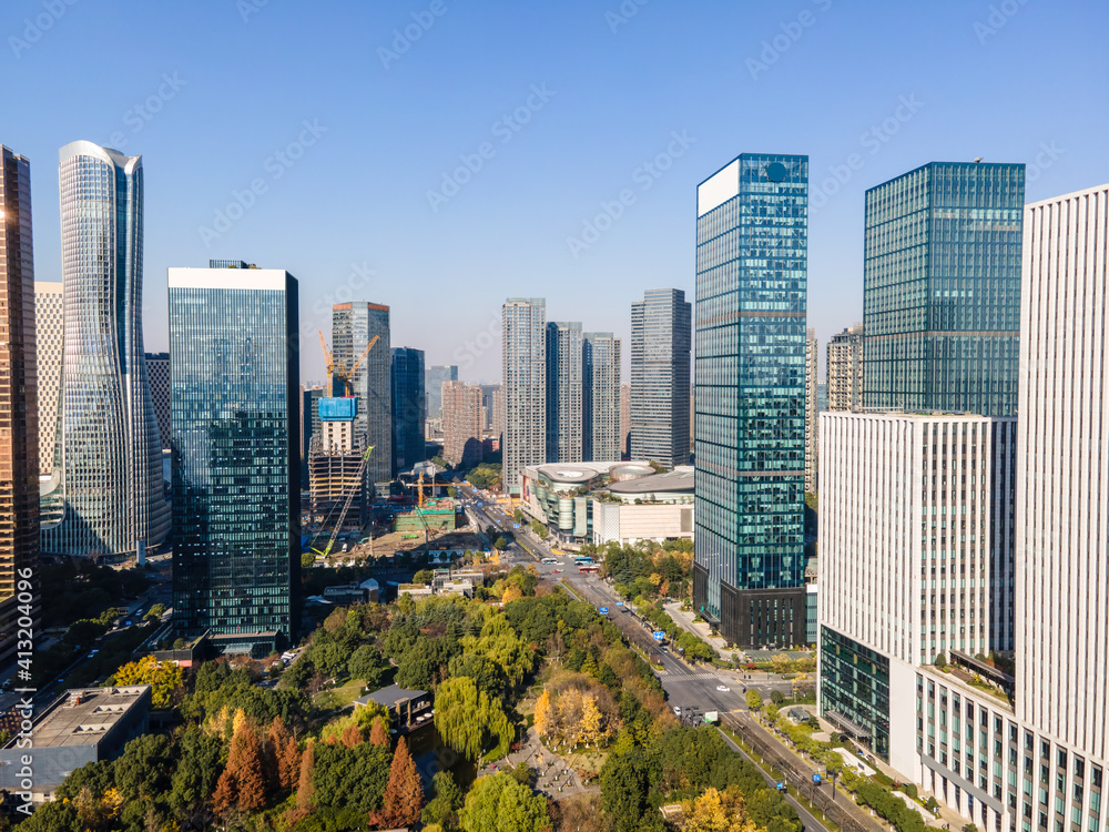 Aerial photography of Hangzhou city scenery and modern architectural landscape in the financial dist