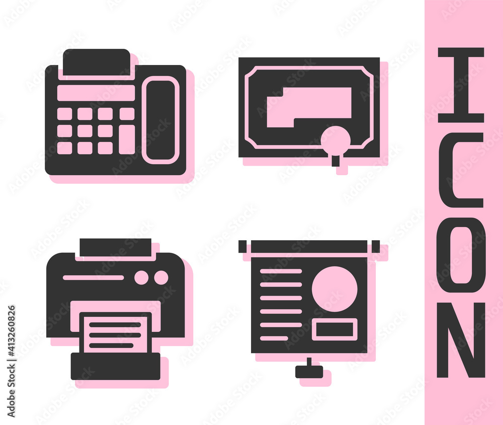 Set Chalkboard with diagram, Telephone, Printer and Certificate template icon. Vector.