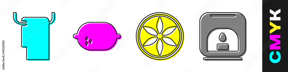 Set Towel on a hanger, Lemon, Leaf plant nature and Aroma lamp icon. Vector.