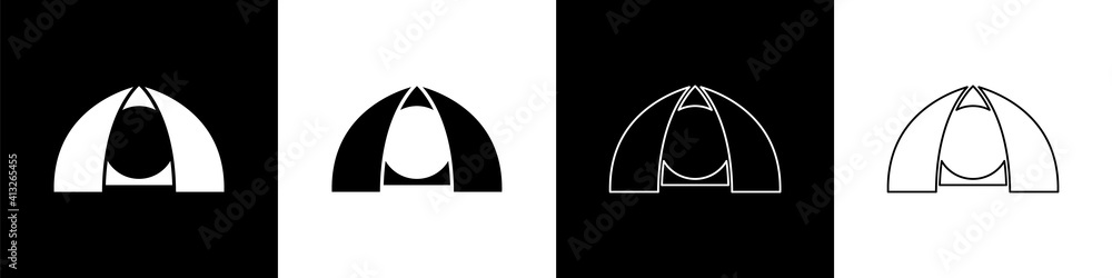 将旅游帐篷图标设置为黑白背景隔离。露营符号。矢量。