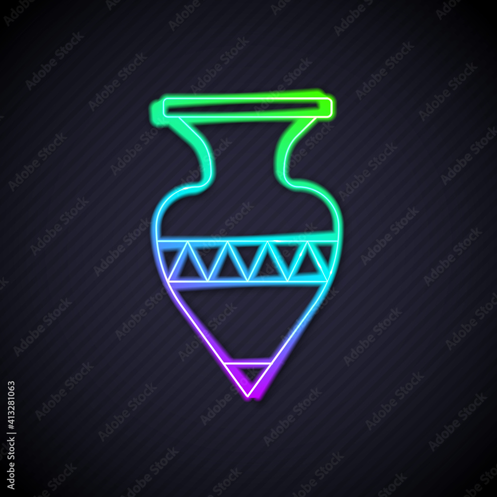 闪闪发光的霓虹灯线条黑色背景上孤立的古代双耳瓶图标。矢量。