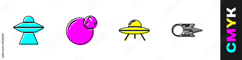 Set UFO flying spaceship, Planet, and Comet falling down fast icon. Vector.