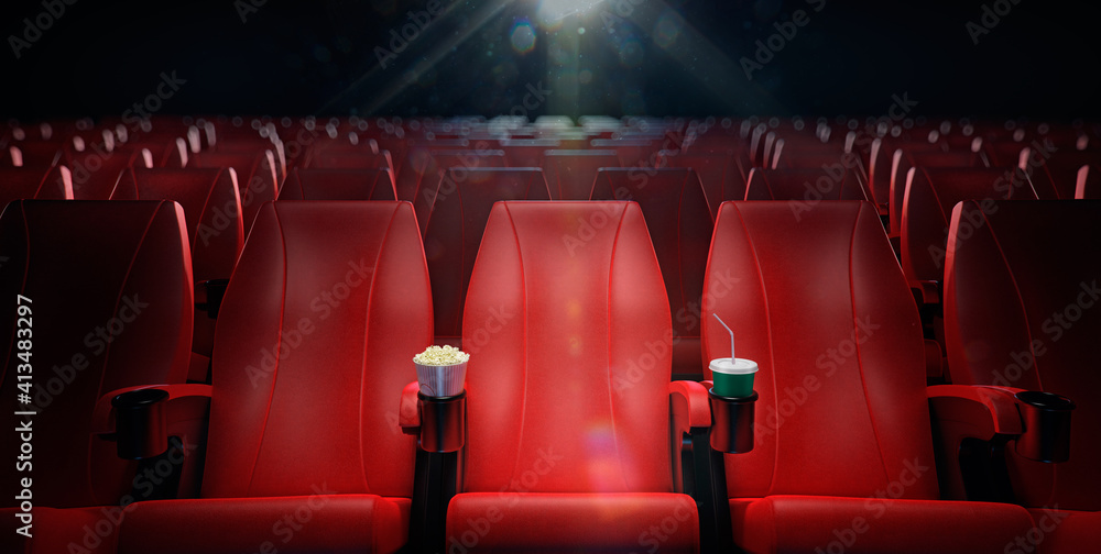 空荡荡的电影院，带红色座椅垫