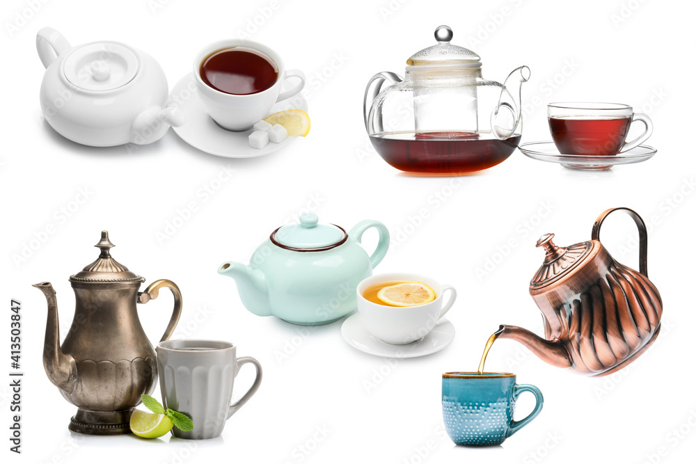 白色背景的茶壶和热饮杯拼贴