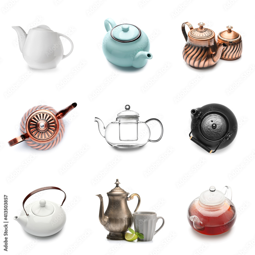 白色背景上的一套不同的茶壶