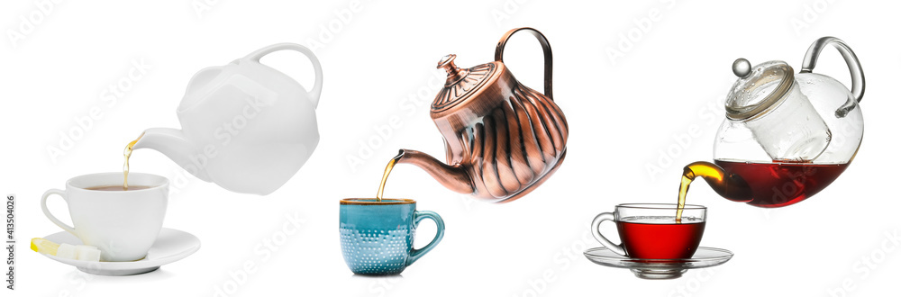 Pouring of tea from different teapots into cups on white background
