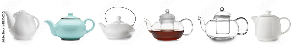 Set of different teapots on white background