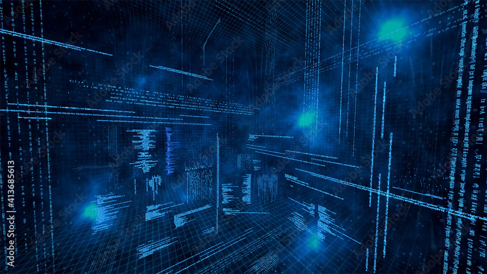 Abstract illustration of data processing and spot of light against blue background