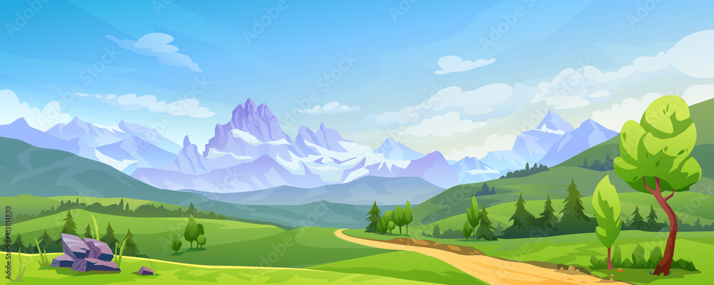 青山、沙路、天然山谷的山地景观。矢量风景如画的地方。