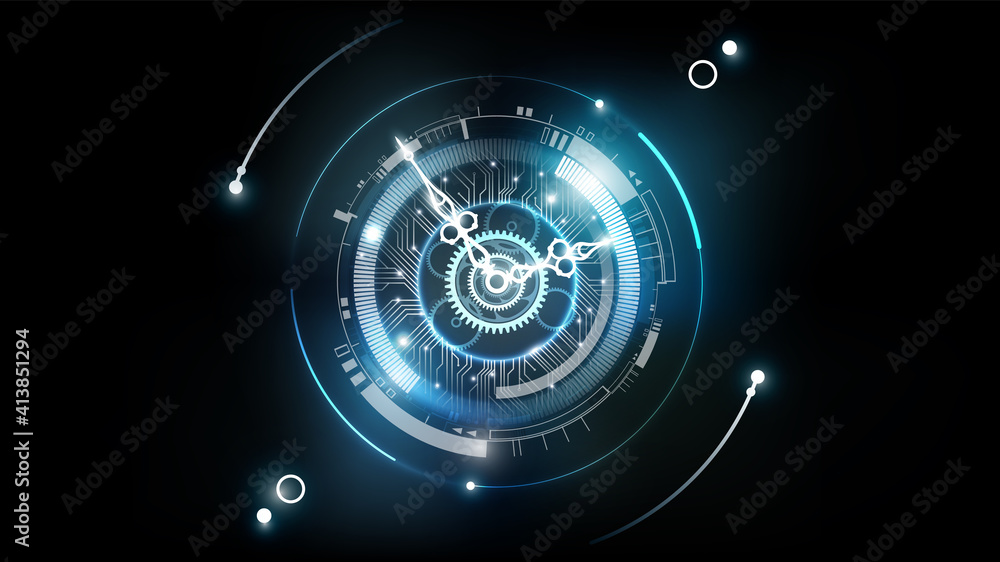 具有时钟概念和时间机器的抽象未来技术背景，可以旋转时针