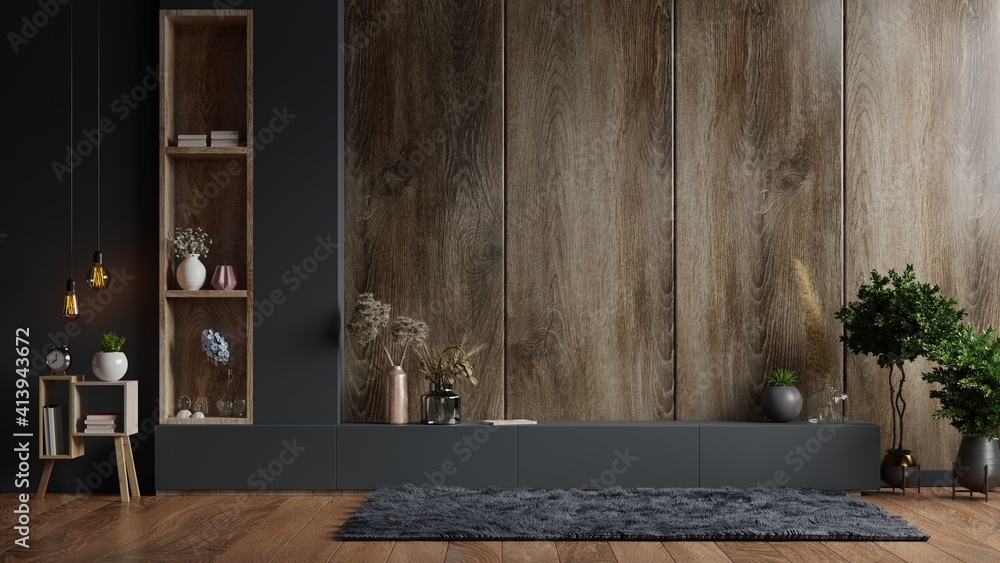 现代客厅的柜式电视，背景为木质墙壁。