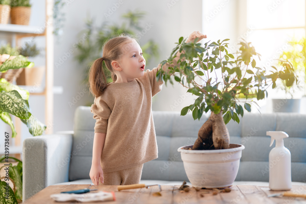 孩子在照顾植物