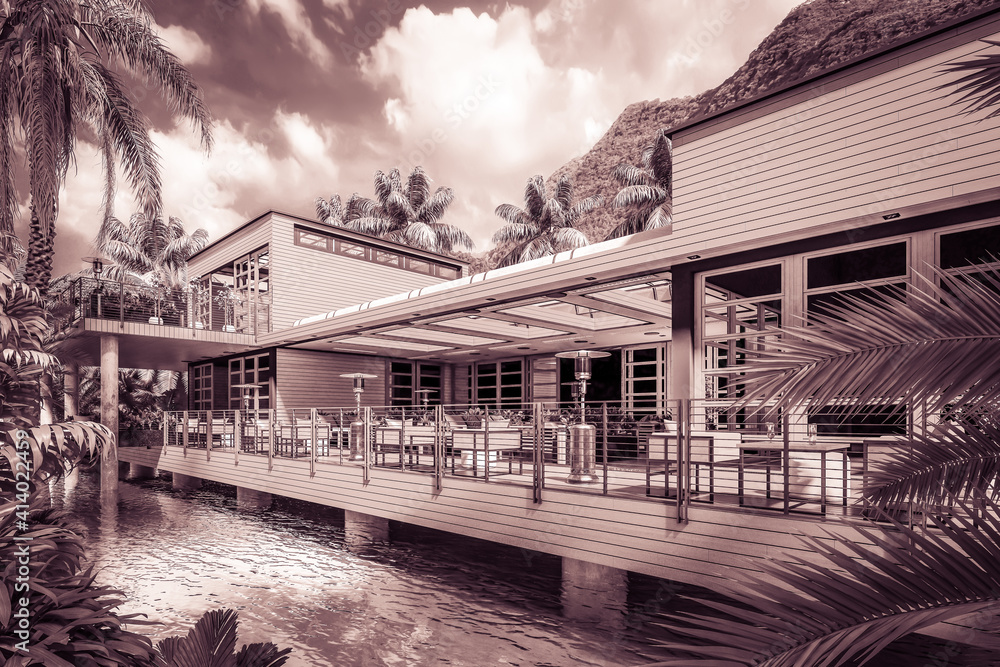 Resort Terrace Restaurant Area - 3d architectural visualization in black and white