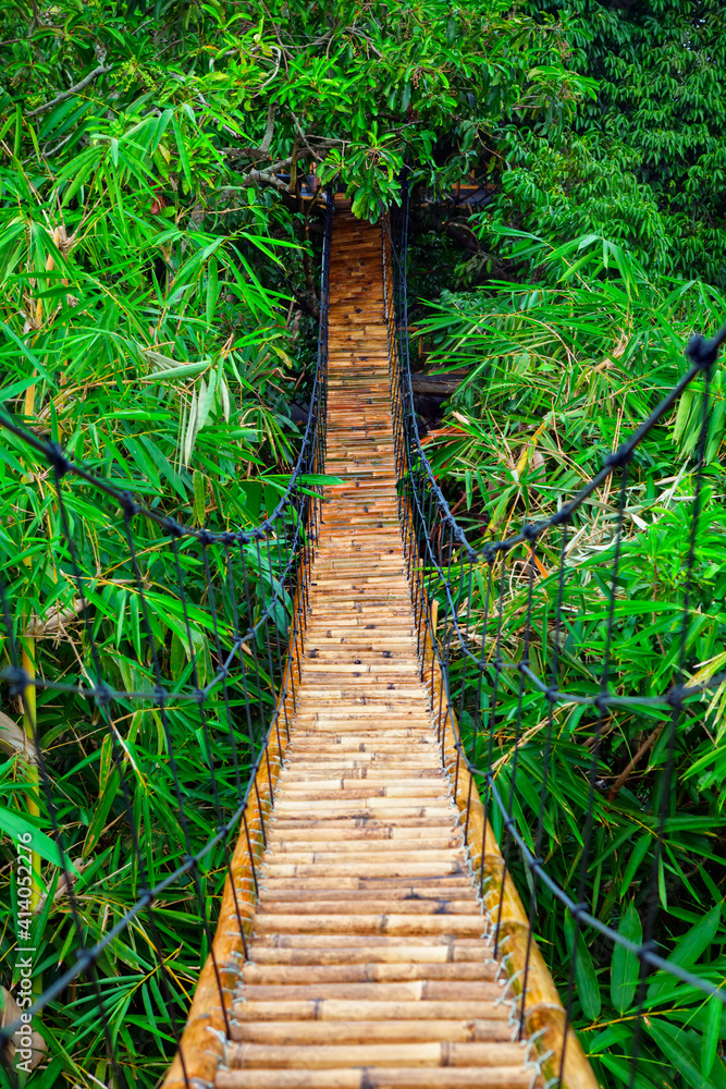 天然竹子制成的传统建筑悬索人行天桥。电缆桥交叉