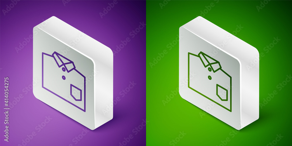 等距线保龄球衫图标隔离在紫色和绿色背景上。银色方形按钮。维奇