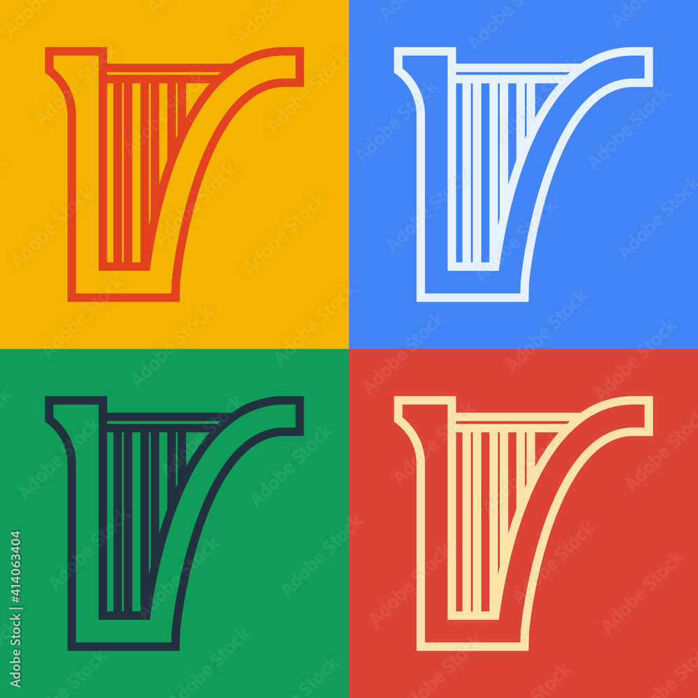 流行艺术线条Harp图标隔离在彩色背景上。古典乐器，或hestra string aco