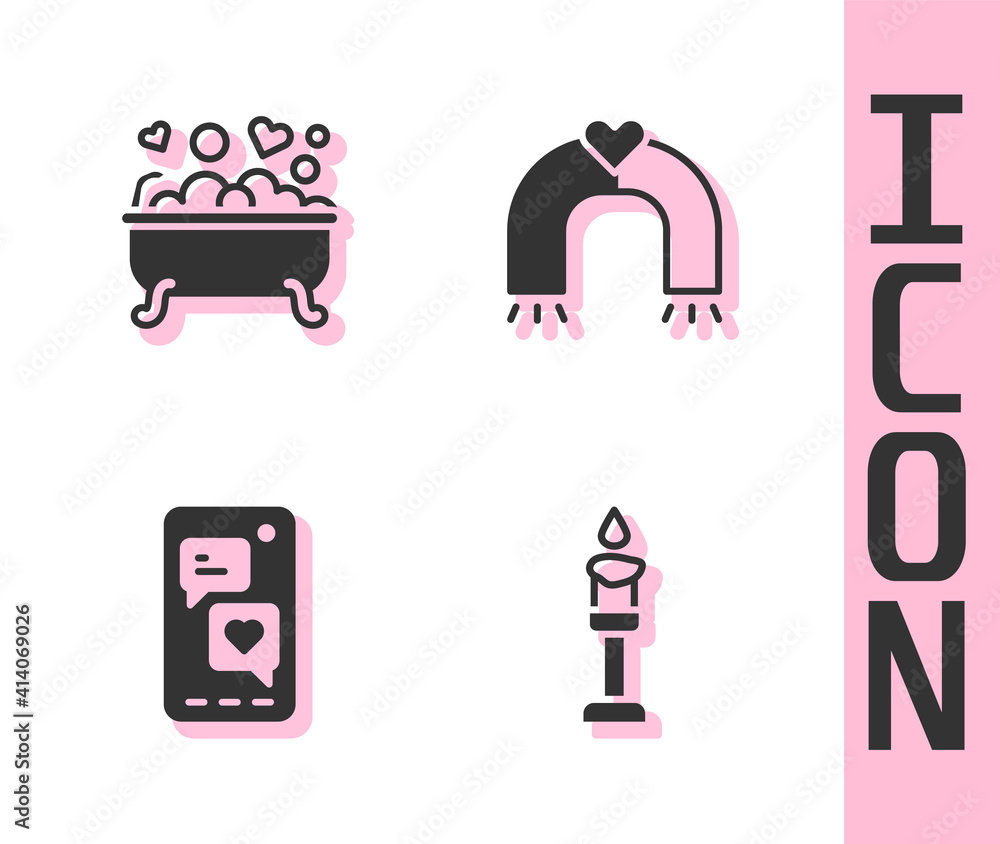 Set Burning candle, Romantic bathroom, Mobile with heart and Love magnet icon. Vector.