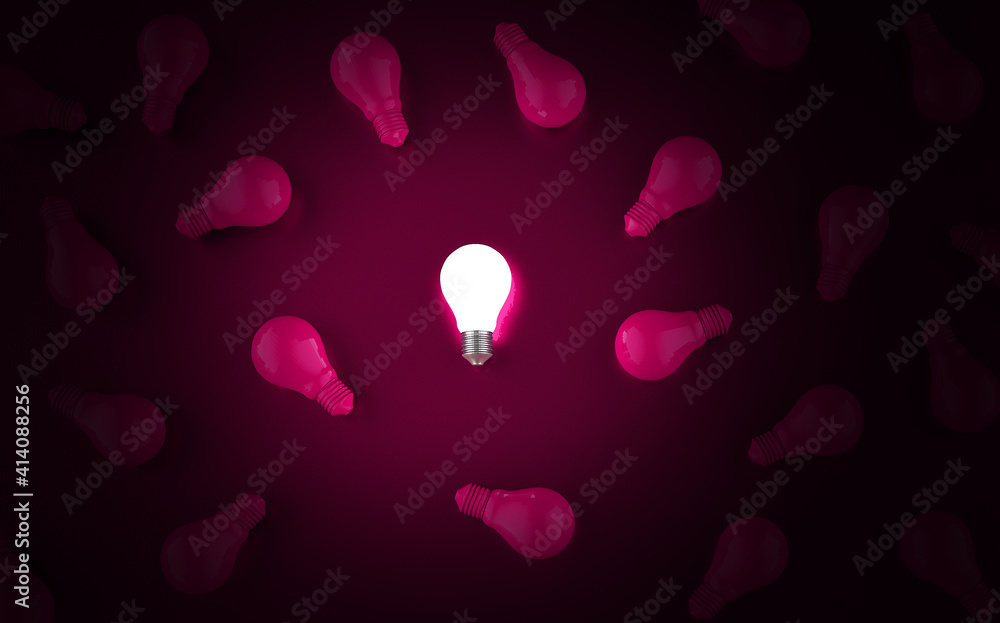 粉红色背景的灯泡。创意概念。3D插图。