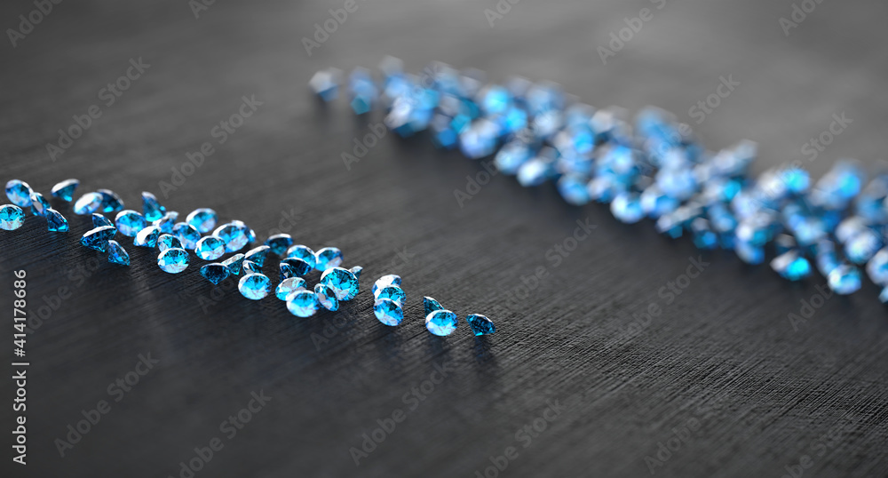 蓝色钻石蓝宝石，带有一组钻石背景选择性聚焦，3d插图。