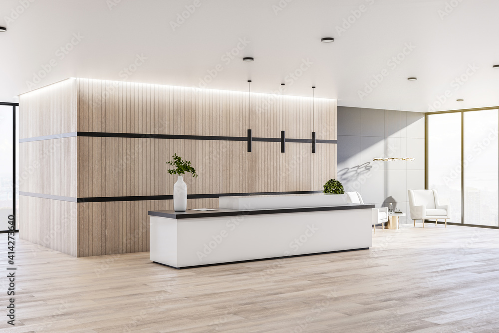 现代生态风格办公厅接待区，木质墙壁和地板，白色家具和阳光