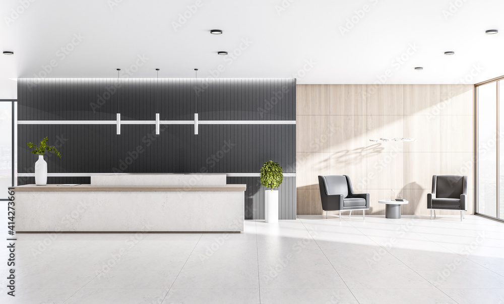 Modern sunny office with cozy waiting area with black chairs, marble reception desk and floor, dark 