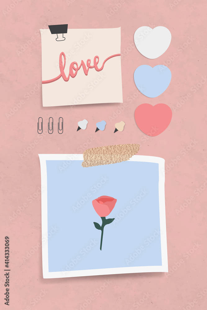 一套爱情主题记事本，粉色纹理背景矢量上有别针和夹子