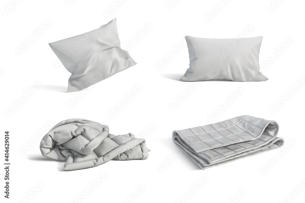 一套白色背景的枕头和毯子。矢量插图