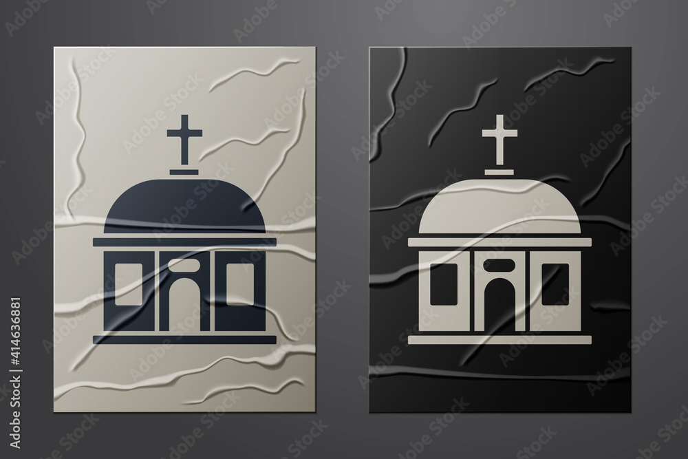 White Santorini building icon isolated on crumpled paper background. Traditional Greek white houses 