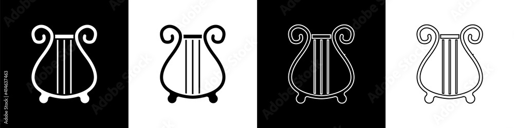 Set Ancient Greek lyre icon isolated on black and white background. Classical music instrument, orhe