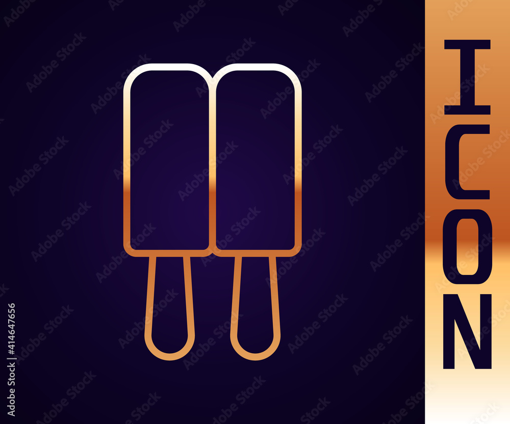 Gold line Ice cream on stick icon isolated on black background. Sweet symbol. Vector.