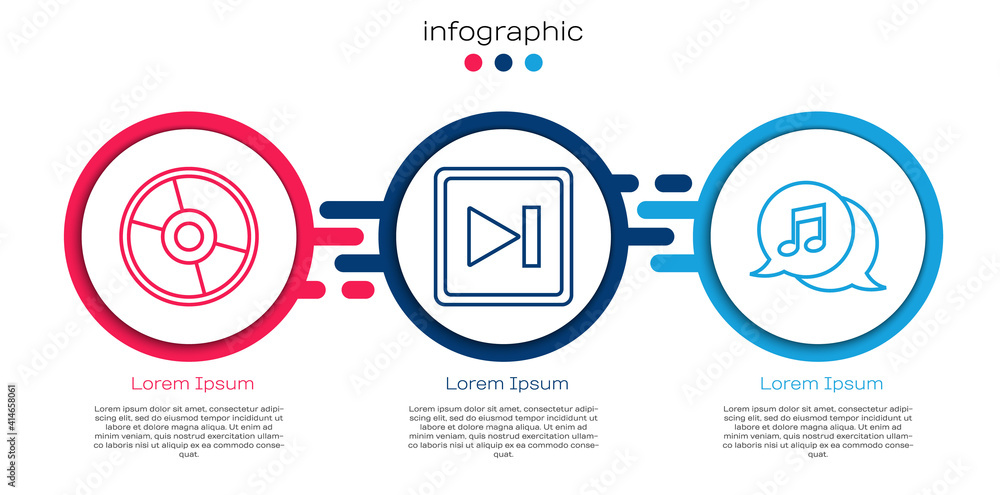 Set line CD or DVD disk, Fast forward and Musical note in speech bubble. Business infographic templa