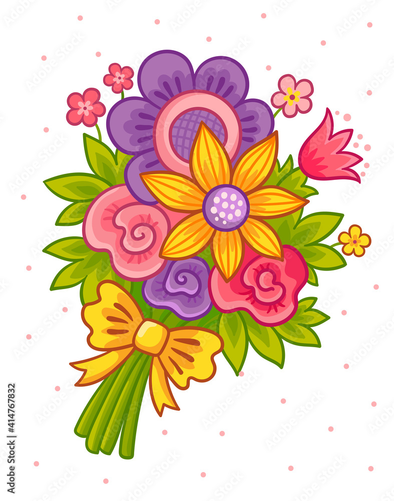 送给公主的彩色卡通花束。鲜花矢量插图。