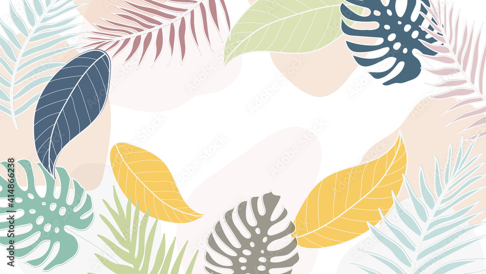 夏季热带树叶背景矢量。棕榈叶、季风叶、植物墙纸设计