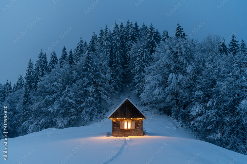 梦幻般的冬季景观，在白雪皑皑的森林中有发光的木屋。喀尔巴阡山上有舒适的房子
