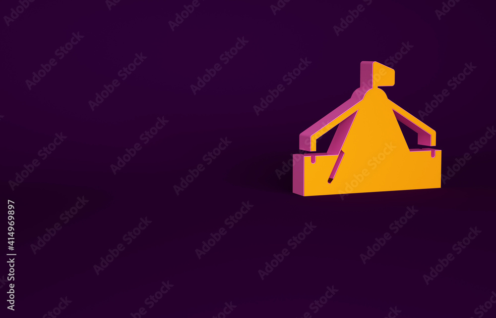 橙色旅游帐篷图标隔离在紫色背景上。露营符号。极简主义概念。3d插图