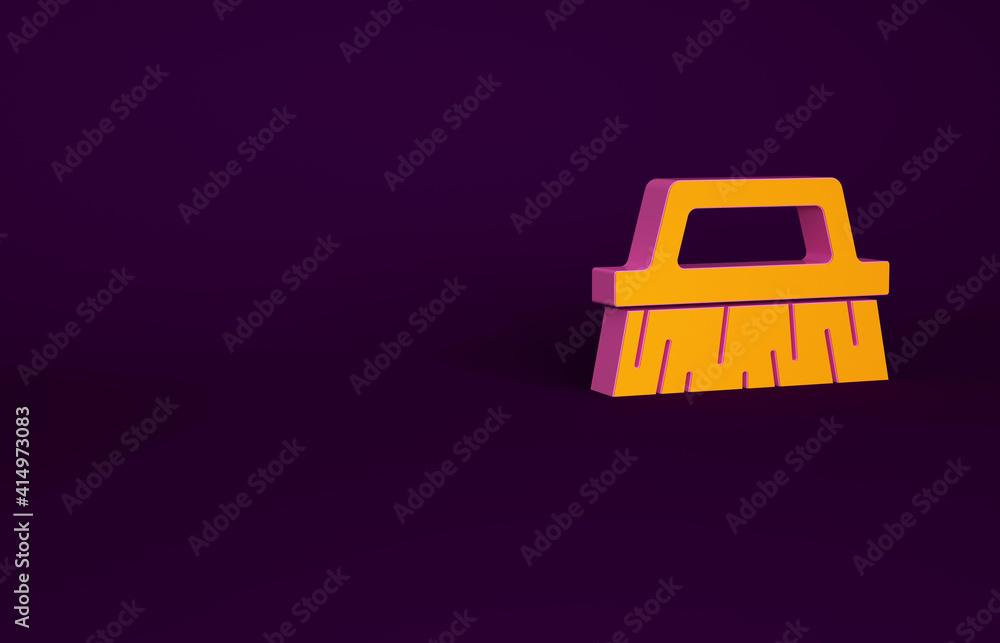 橙色刷子，用于隔离在紫色背景上的清洁图标。极简主义概念。3d插图